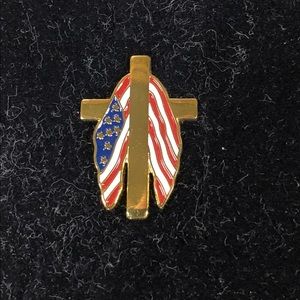 14KT Gold EP Cross w/ American Flag Pin
